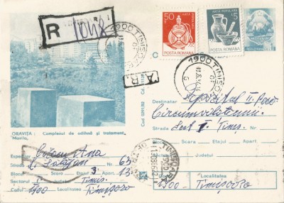 *Romania, Oravita, c.p.s. recomandata, circulata loco, Timisoara, 1986 foto