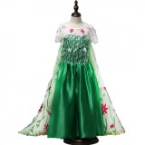 Rochie Elsa Frozen Fever, Verde cu Trenă, Serbare/Petrecere. Costum Prințesă Copii. Accesorii: Baghetă, Coroniță, Mănuși, Perucă