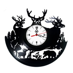 Ceas de Perete Decorativ &ldquo;Wildlife Serenity &ndash; Cerbi &icirc;n Pădure&rdquo;, din Disc Vinil Reciclat, Design Natură și Animale Sălbatice, Negru, Mecanism Silențios