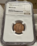 1 Leu 1995 Romania, NGC MS65RD, Second Top Pop!