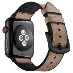 Curea iUni compatibila cu Apple Watch 1/2/3/4/5/6/7, 44mm, Leather Strap, Cream foto