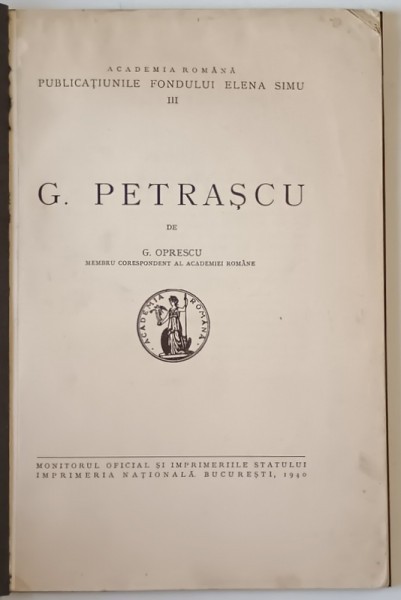 G. PETRASCU de G. OPRESCU , 1940 *COPERTA REFACUTA
