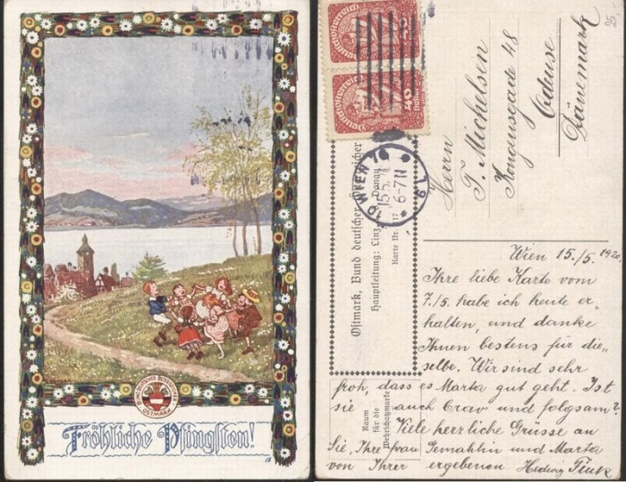 Austria &Ouml;sterreich 1920 Postcard, Wien to Odense, Denmark K.319