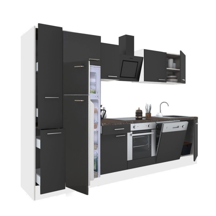 Mobilă de bucătărie Yorki 310, corp alb, față antracit satinat, element cuptor inferior, frigider congelator superior