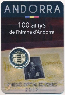 ANDORRA 2017 - 2 euro comemorativ&amp;rdquo; 100 de ani de imn national&amp;rdquo; coincard / BU foto