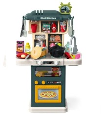 Bucatarie pentru copii WePro Store, circuit de apa real, cuptor si plita, sunete si lumini, accesorizata complet, 64 piese, Verde, 3 ani +