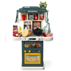 Bucatarie pentru copii WePro Store, circuit de apa real, cuptor si plita, sunete si lumini, accesorizata complet, 64 piese, Verde, 3 ani +