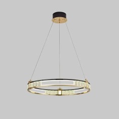 Lustra LED suspendata cu telecomanda si cristal ROGER 80W, 1 Cerc, lumina Rece/Calda/Neutra, Dimabila, Auriu Lucios, Inaltime Reglabila ModernLight Co