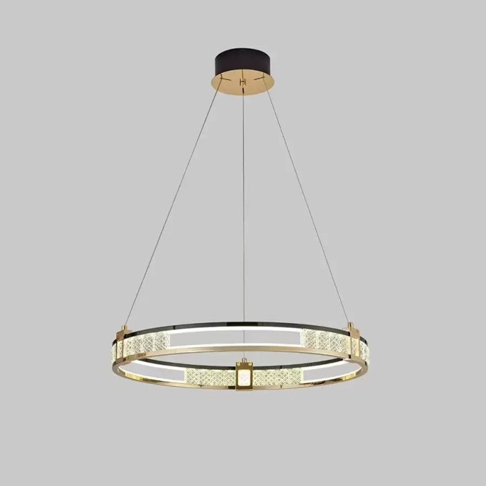 Lustra LED suspendata cu telecomanda si cristal RIGA REED , 80W, lumina Rece/Calda/Neutra, Dimabila, Auriu Lucios, Inaltime Reglabila