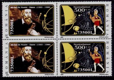 RO 2003/LP 1614b,&amp;quot;500 ani Nostradamus&amp;quot; bloc de 4 = 2 serii , MNH foto