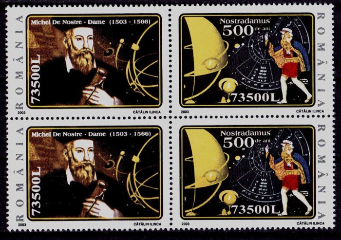 RO 2003/LP 1614b,&quot;500 ani Nostradamus&quot; bloc de 4 = 2 serii , MNH