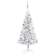 vidaXL Brad Crăciun pre-iluminat cu set globuri, argintiu, 120 cm, PET