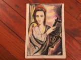 arta / design / vintage / decor / colectie - Desen femeie cu harpa creion colorat mijlocul sec XX / semnat !
