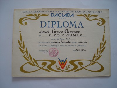 Diploma Daciada, dans tematic, 1985 foto