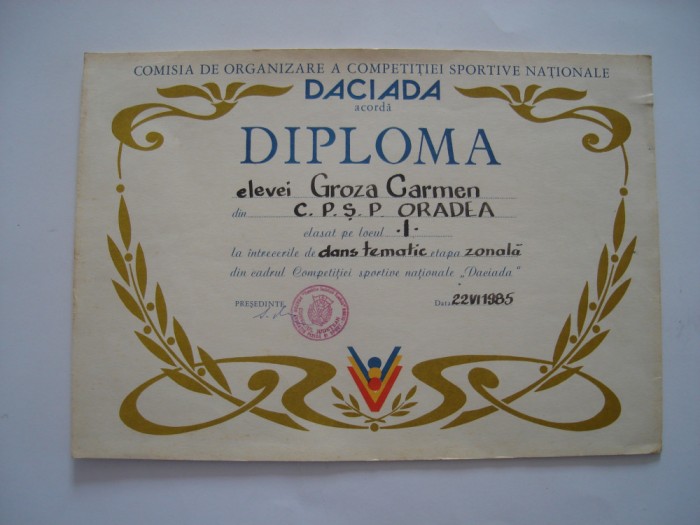 Diploma Daciada, dans tematic, 1985