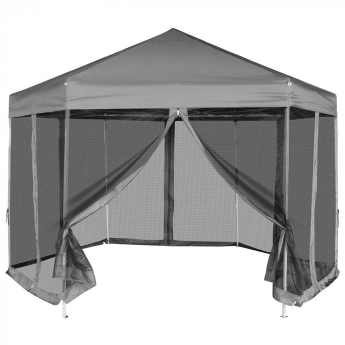 Marchiză hexagonală pliabilă, 6 pereți laterali, gri, 3,6x3,1 m