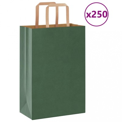 vidaXL Pungi de h&amp;acirc;rtie 250 buc cu m&amp;acirc;nere verde 21x11x31 cm foto