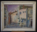 Bogdan Barleanu (n.1954) artist UAP Iași - La amiază - peisaj citadin - ulei/p&acirc;nză - 50x60 cm - 1986