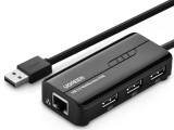 ADAPTOR RETEA Ugreen, &quot;20264&quot; extern, USB 2.0 (T) la port RJ-45 10/100 Mbps, porturi USB: USB 2.0 x 3, LED, negru &quot;20264&quot; (timbru verde 0.18 lei) - 69