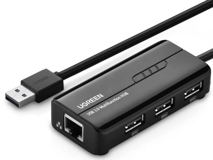 ADAPTOR RETEA Ugreen, &quot;20264&quot; extern, USB 2.0 (T) la port RJ-45 10/100 Mbps, porturi USB: USB 2.0 x 3, LED, negru &quot;20264&quot; (timbru verde 0.18 lei) - 69