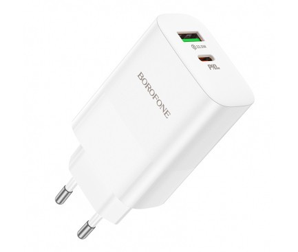 INCARCATOR retea Borofone &quot;BN10&quot; , Quick Charge 65W, 1 x USB, 1 x USB Type-C, alb &quot;6974443388190&quot; (timbru verde 0.18 lei)