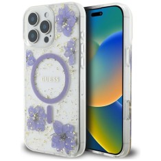 Husa originala Guess iPhone 16 Pro Max Hardcase Resin Flowers and Glitter MagSafe, mov, GUHMP16XRBFGFGMU foto