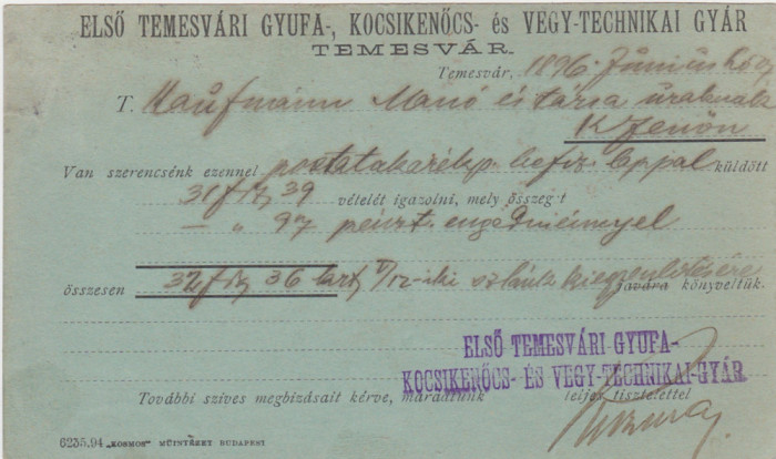 CP CORESPONDENTA Elso Temesvari Gyufa Fabrica anvelope si chimice Timisoara 1896