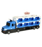 Set camion transportator, pilabil, cu 10 masinute si pista de curse XXL, albastru, Oem