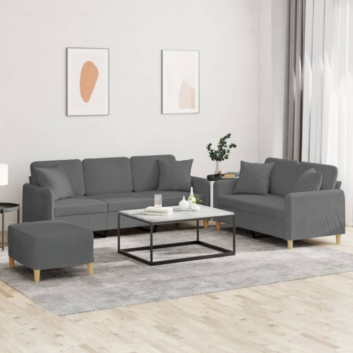 vidaXL Set de canapele cu perne, 3 piese, gri &icirc;nchis, textil