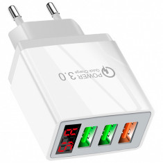 Incarcator Retea USB OEM QC-07, Quick Charge, Afisaj, 30W, 3 x USB, Alb