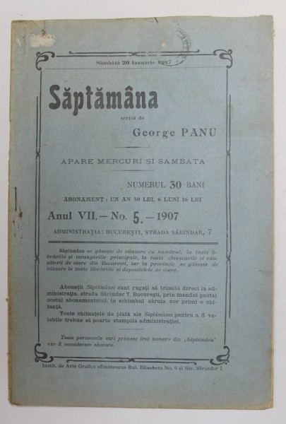 SAPTAMANA , APARE MERCURI SI SAMBATA , scrisa de GEORGE PANU , ANUL VII , NR. 5 - 1907