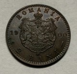 2 Bani 1900 Cupru, Romania, UNC, "R" de la REGE intrerupt si imprimare avers-revers