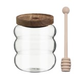 Borcan din sticla borosilicata Pufo Honey cu capac din lemn si lingura pentru colectare miere, 600 ml