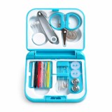 Set compact de cusut portabil, kit reparatii textile cu accesorii complete, cutie cu inchidere sigura, albastru