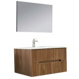 Set mobilier baie Leziter Trent 100 cm, stejar apus de soare, suspendat, cu lavoar ceramic si oglinda