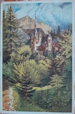 Carte postala, Sinaia, vedere spre Castelul Peles, perioada interbelica