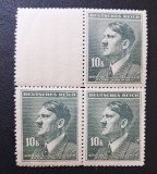 Boemia și Moravia 1942 Serie Uzuală Adolf Hitler Valoare Mare 10 Korun Bloc de 3 de Colț Superior cu C&acirc;mp Alb Lateral MNH Neștampilat - A0029