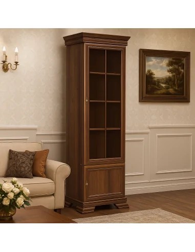 Vitrina living VMW1, 2 usi, 4 polite, Pal melaminat, cu insertii MDF, Nuc