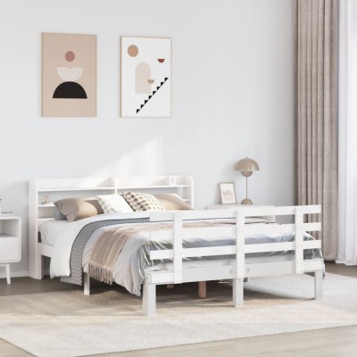 vidaXL Cadru de pat cu tăblie, alb, 135x190 cm, lemn masiv de pin 3306844 foto