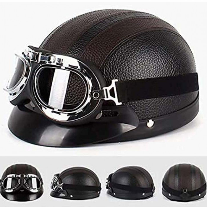 Casca moto Retro Vespa Chopper Piele cu Cozoroc + Guler - Negru+Maro