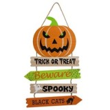Decoratiune suspendabila din lemn cu dovleac si placi de Halloween, 29x0.5x44cm, Portocaliu, CMCLASS
