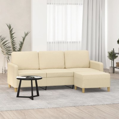 vidaXL Canapea cu 3 locuri cu taburet, crem, 180 cm, material textil foto