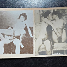 2 fotografii vechi, cca 1900, cu tema erotica, lipite pe carton