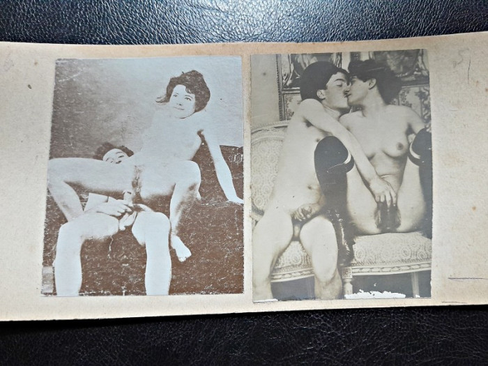 2 fotografii vechi, cca 1900, cu tema erotica, lipite pe carton