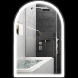 HOMCOM Oglindă de baie cu LED-uri 90 x 60 cm, montată pe perete, 3 culori, arcuită cu cadru din aluminiu, funcție anti-&icirc;ntunecare și comutator tactil