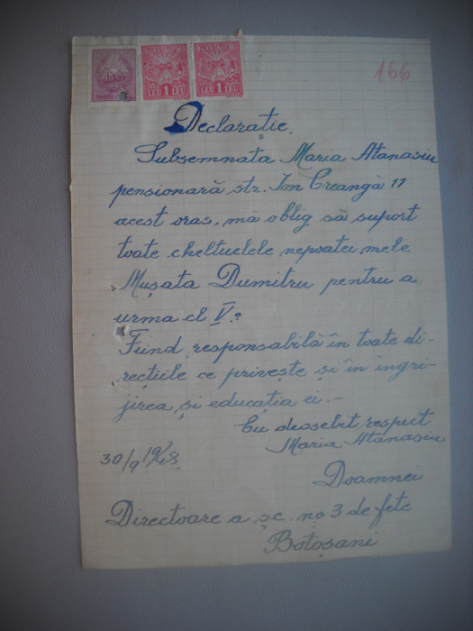 HOPCT DOCUMENT VECHI NR 497 MARIA ATANASIU-SCOALA NR 3 FETE BOTOSANI 1948