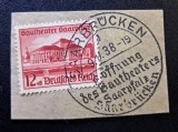 Germania / Deutsches Reich 1938 Fragment Comemorativ "Gautheater Saarpfalz in Saarbr&uuml;cken" (12+8 Rpf Roșu-Carmin) Ștampilat special Saarbr&uuml;cken - CKL2