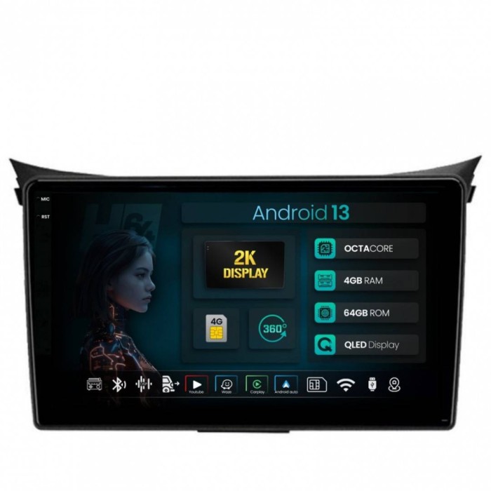 Navigatie 2K Hyundai I30 (2012-2016) 4GB RAM Android 13 Octacore Slot Sim 4G DSP GPS Wi-FI Carplay Android Auto USB Bluetooth Waze Touchscreen 9.5 Inc