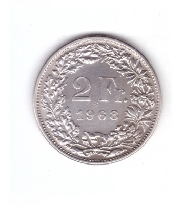 Moneda Elvetia 2 francs/franci 1968, stare foarte buna, curata foto