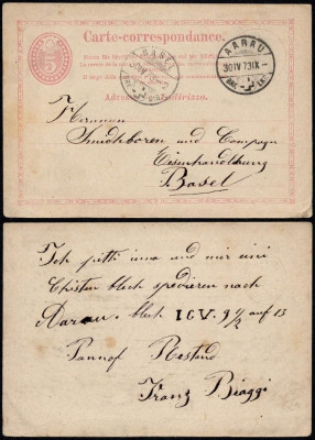 Switzerland 1873 Old postcard postal stationery Aarau to Basel DB.112 foto